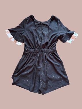 ✨Black polka dot playsuit with pink and white polka dots on the sleeves✨